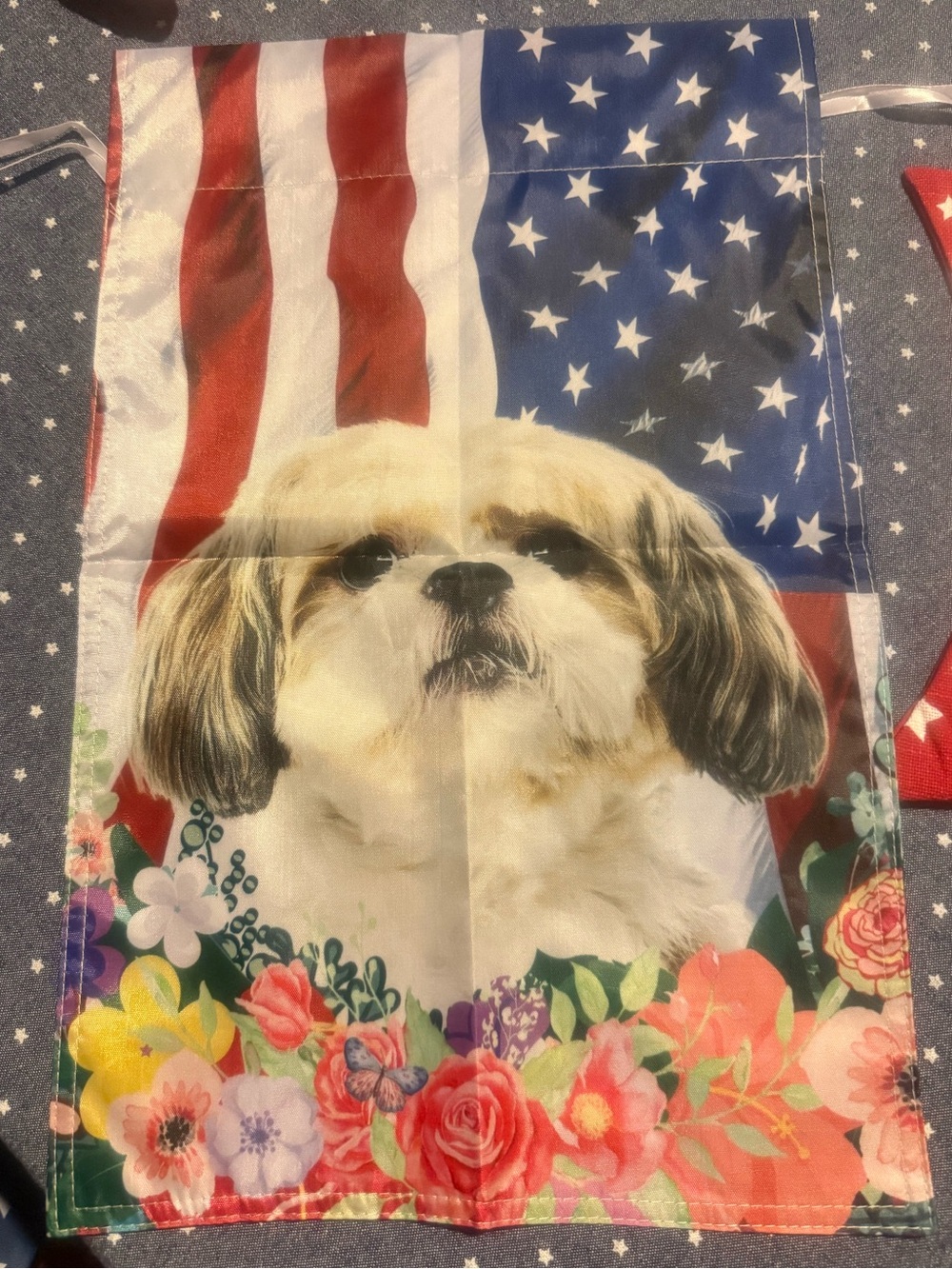 Patriotic Floral Shih Tzu Dog Garden Flag - Red, White & Blue